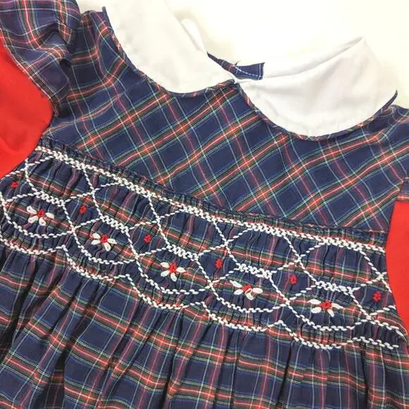 Vintage Princess Anne Dress Girls Size 4T Navy Plaid Smocked School - Picture 2 of 8
